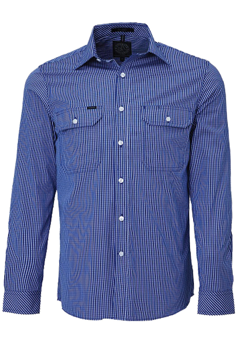 Pilbara (Mens) RMPC009 - Dual Pocket Long Sleeve Shirt (Royal-Blue/White Small Check)
