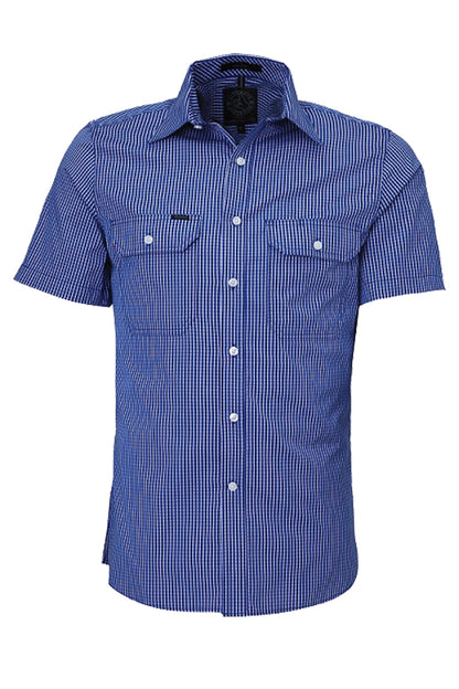 Pilbara (Mens) RMPC009S - Dual Pocket Short Sleeve Shirt (Royal-Blue/White Small Check)