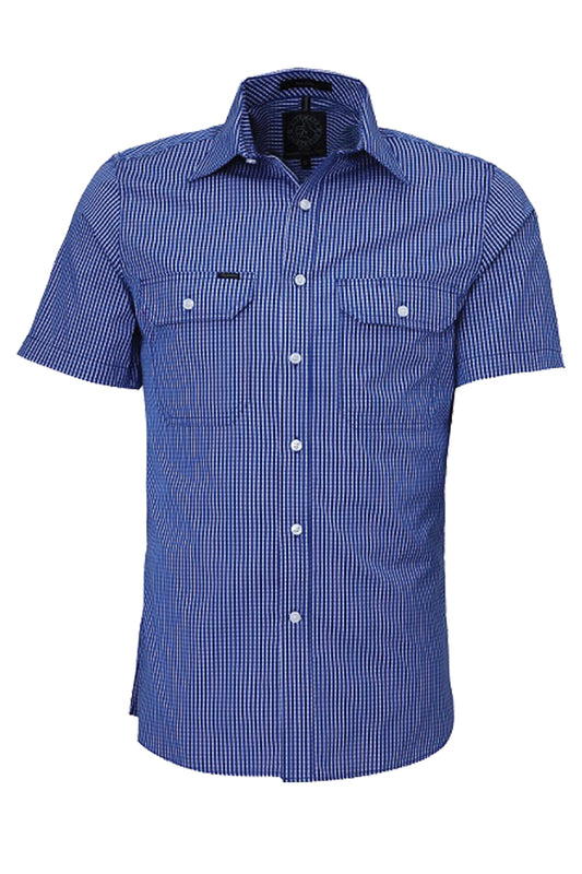 Pilbara (Mens) RMPC009S - Dual Pocket Short Sleeve Shirt (Royal-Blue/White Small Check)