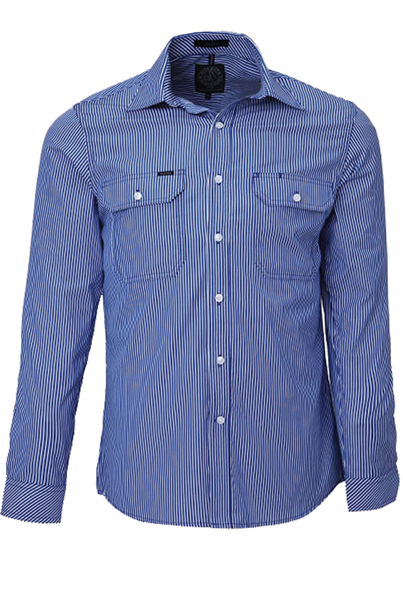 Pilbara (Mens) RMPC010 - Dual Pocket Long Sleeve Shirt (Royal-Blue/White Stripe)