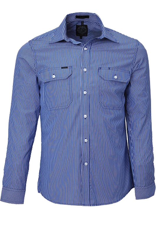 Pilbara (Mens) RMPC010 - Dual Pocket Long Sleeve Shirt (Royal-Blue/White Stripe)