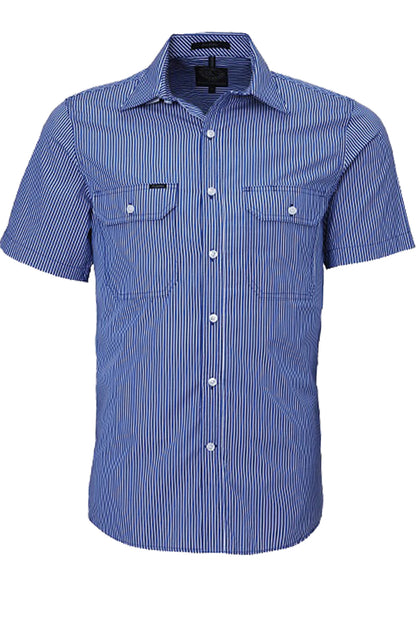 Pilbara (Mens) RMPC010S - Dual Pocket Short Sleeve Shirt (Royal-Blue/White Stripe)