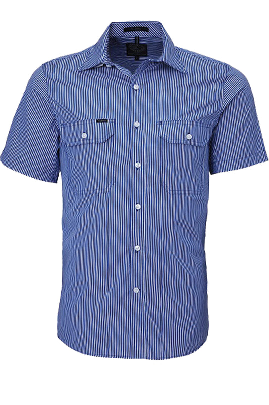 Pilbara (Mens) RMPC010S - Dual Pocket Short Sleeve Shirt (Royal-Blue/White Stripe)