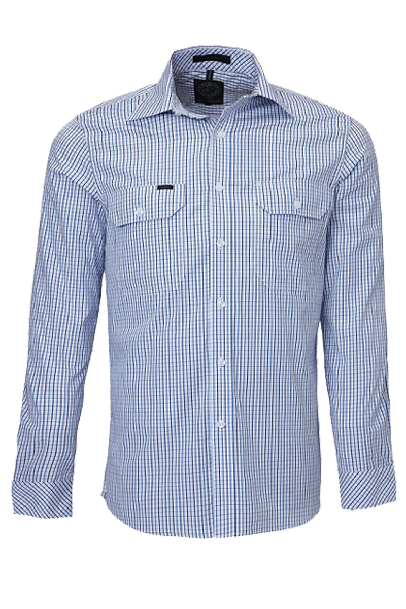 Pilbara (Mens) RMPC011 - Dual Pocket Long Sleeve Shirt (Blue/Navy/White Check)