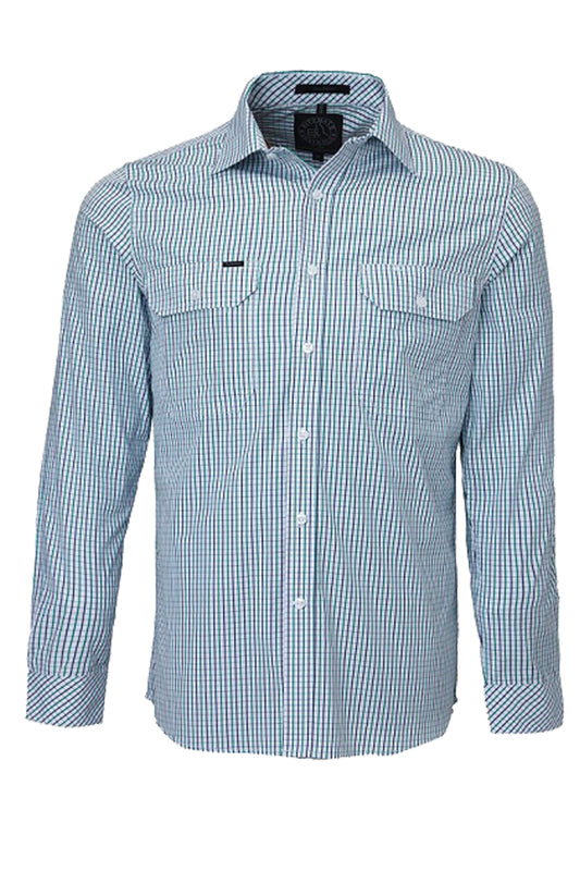 Pilbara (Mens) RMPC011 - Dual Pocket Long Sleeve Shirt (Emerald/Navy/White Check)