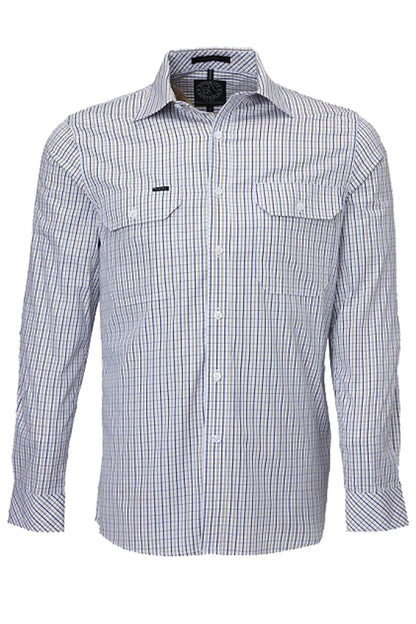 Pilbara (Mens) RMPC011 - Dual Pocket Long Sleeve Shirt (Safari/Navy/White Check)