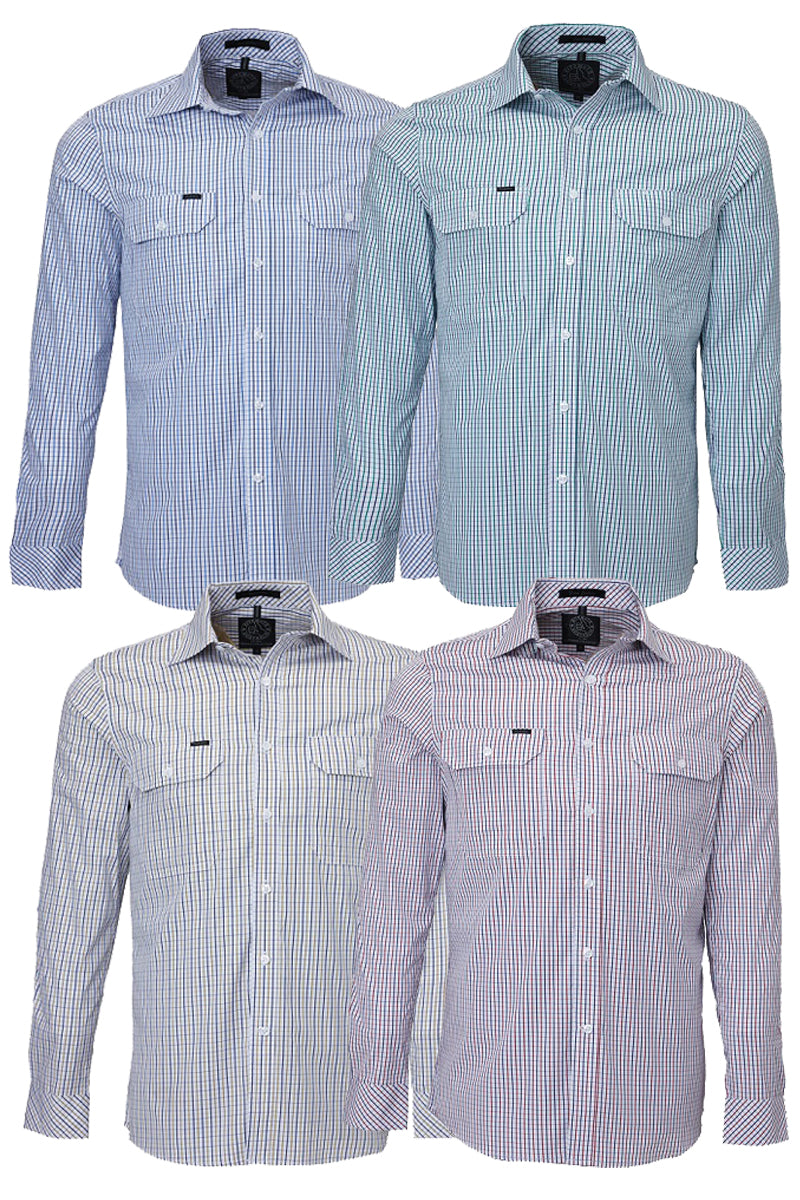 Pilbara (Mens) RMPC011 - Dual Pocket Long Sleeve Shirt (Safari/Navy/White Check) - 5% Off - Chainsaw Mates Rates