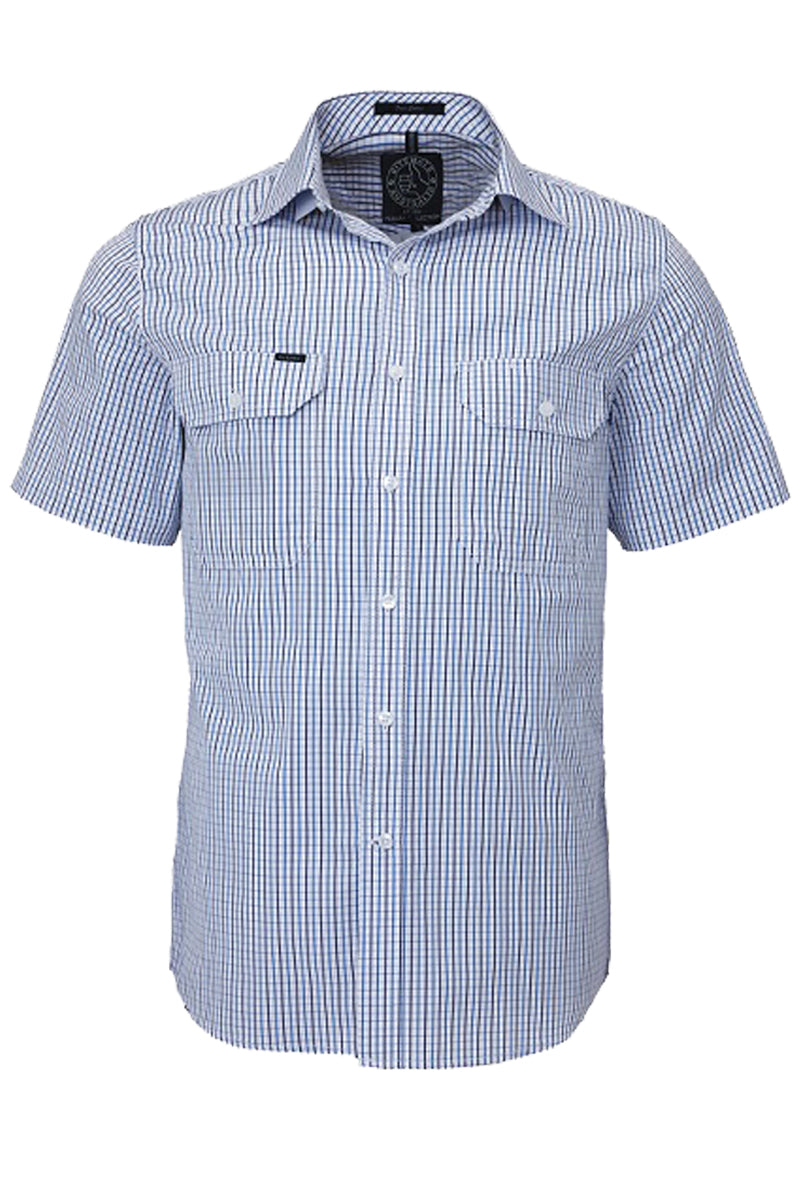 Pilbara (Mens) RMPC011S - Dual Pocket Short Sleeve Shirt (Blue/Navy/White Check)