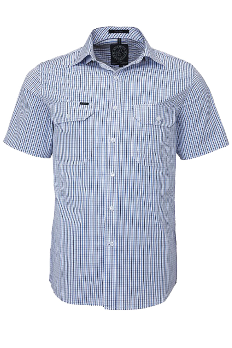 Pilbara (Mens) RMPC011S - Dual Pocket Short Sleeve Shirt (Blue/Navy/White Check) - 5% Off - Chainsaw Mates Rates