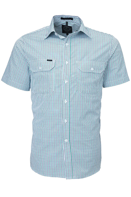 Pilbara (Mens) RMPC011S - Dual Pocket Short Sleeve Shirt (Emerald/Navy/White Check)