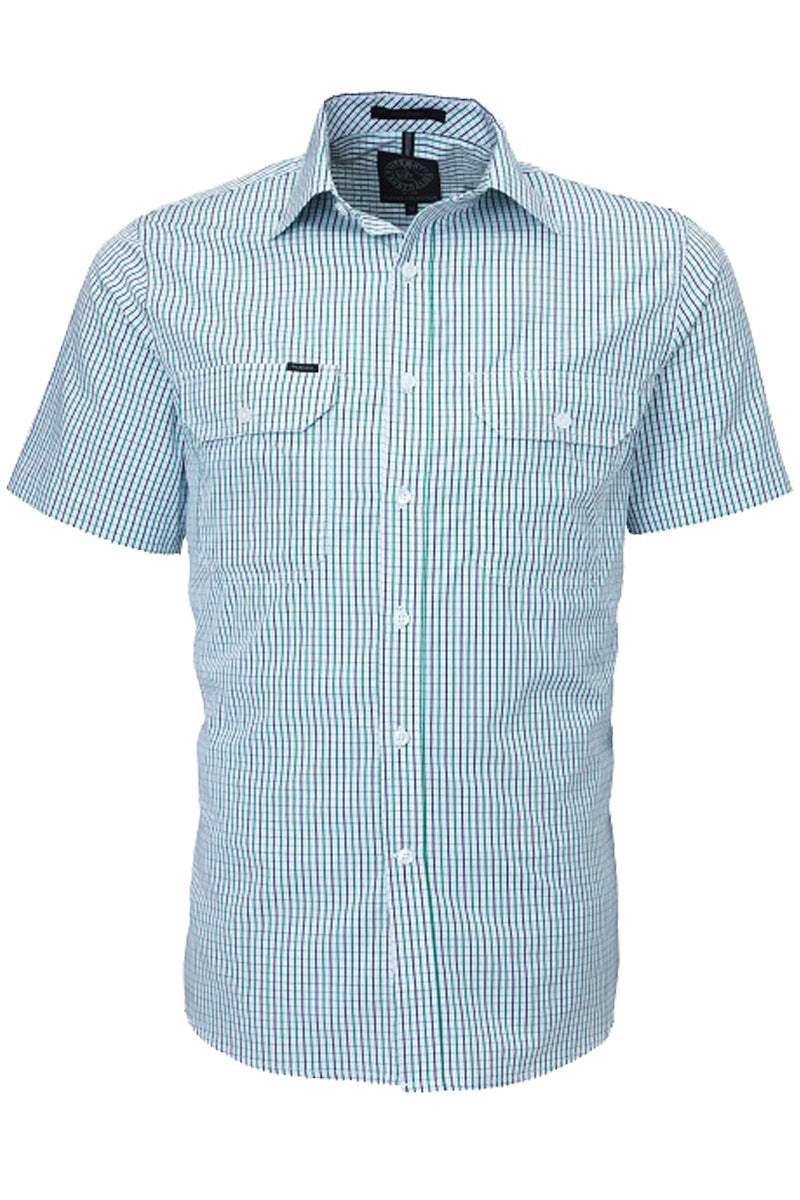 Pilbara (Mens) RMPC011S - Dual Pocket Short Sleeve Shirt (Emerald/Navy/White Check) - 5% Off - Chainsaw Mates Rates