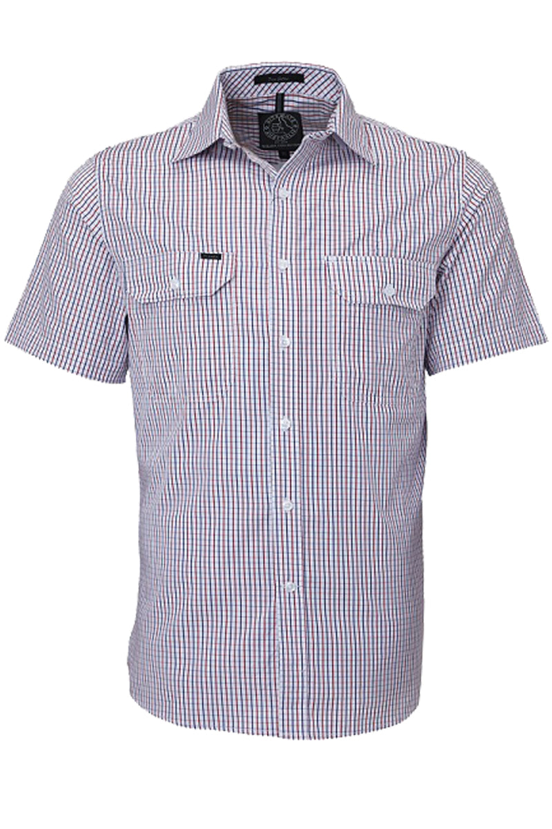Pilbara (Mens) RMPC011S - Dual Pocket Short Sleeve Shirt (Red/Navy/White Check)