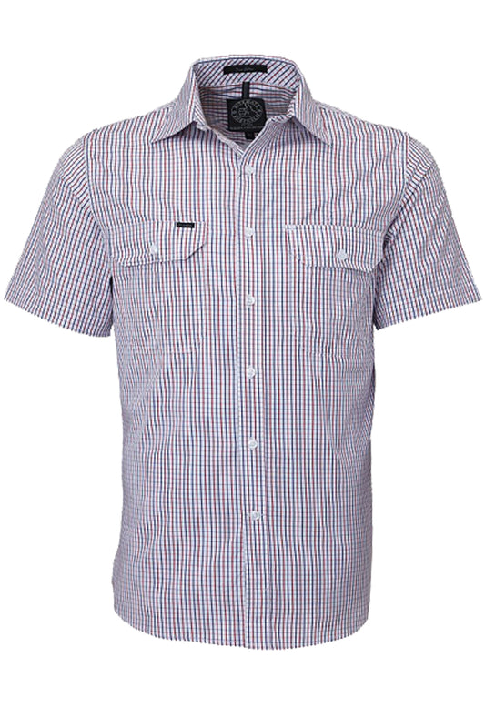 Pilbara (Mens) RMPC011S - Dual Pocket Short Sleeve Shirt (Red/Navy/White Check)