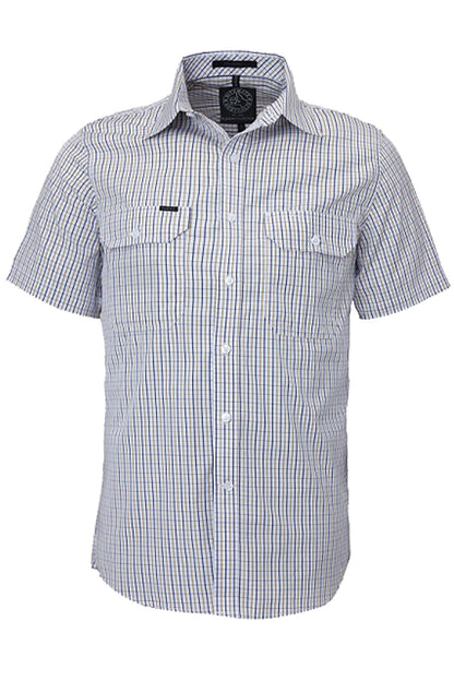 Pilbara (Mens) RMPC011S - Dual Pocket Short Sleeve Shirt (Safari/Navy/White Check)