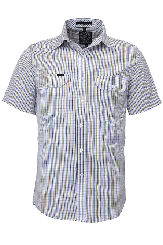 Pilbara (Mens) RMPC011S - Dual Pocket Short Sleeve Shirt (Safari/Navy/White Check)