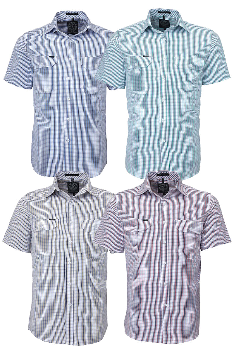 Pilbara (Mens) RMPC011S - Dual Pocket Short Sleeve Shirt (Emerald/Navy/White Check)