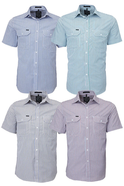 Pilbara (Mens) RMPC011S - Dual Pocket Short Sleeve Shirt (Safari/Navy/White Check)