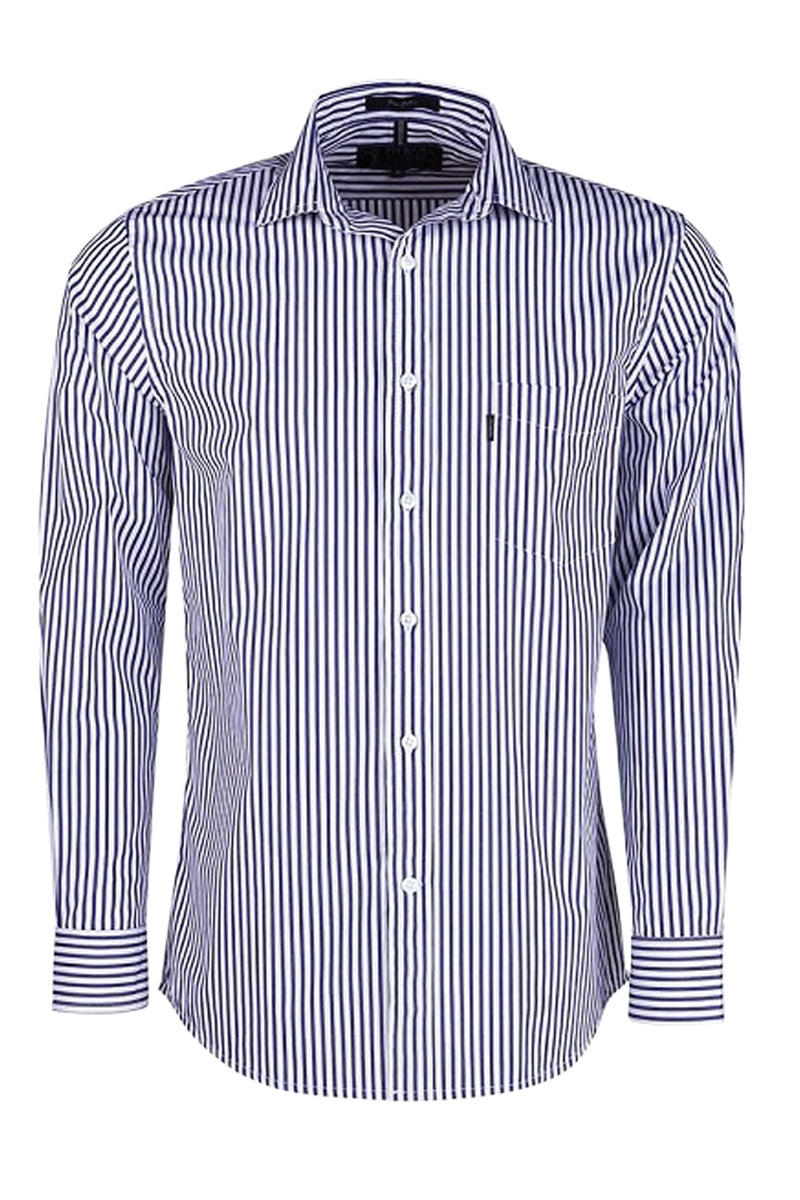 Pilbara (Mens) RMPC012 - Single Pocket Long Sleeve Shirt (Navy/White Stripe)
