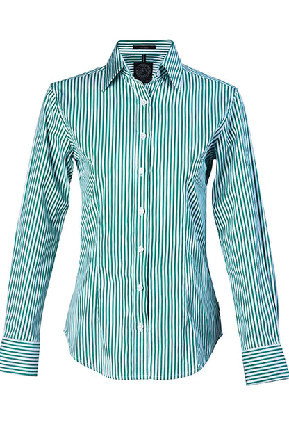 Pilbara (Womens) RMPC013 - Open Front Classic Fit Long Sleeve Stripes Shirt (Emerald-White Stripes)