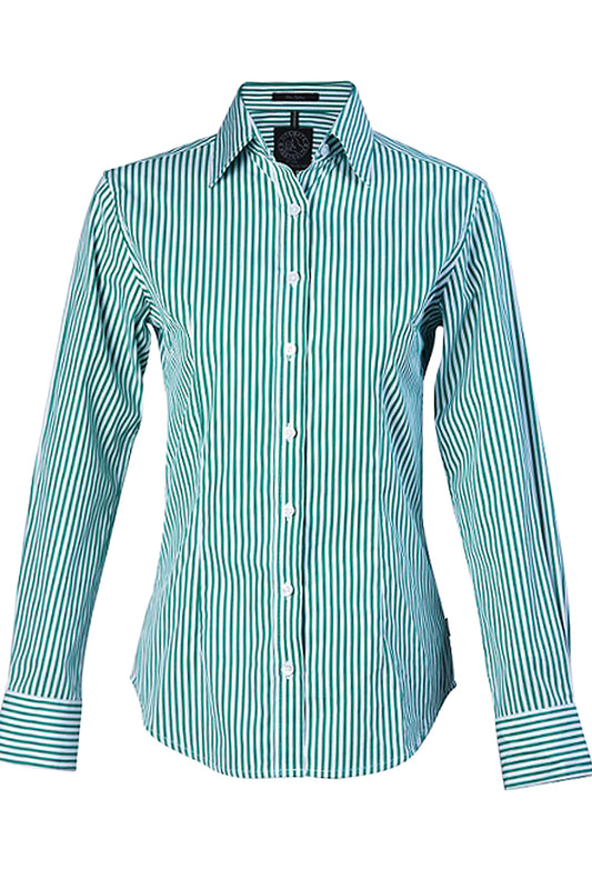 Pilbara (Womens) RMPC013 - Open Front Classic Fit Long Sleeve Stripes Shirt (Emerald-White Stripes)