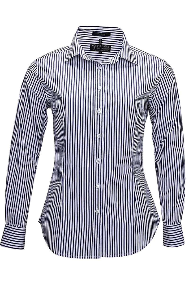 Pilbara (Womens) RMPC013 - Open Front Classic Fit Long Sleeve Stripes Shirt (Navy-White Stripes)