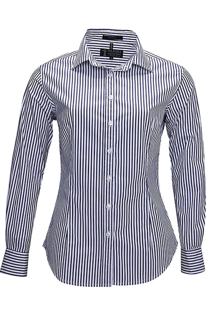 Pilbara (Womens) RMPC013 - Open Front Classic Fit Long Sleeve Stripes Shirt (Navy-White Stripes)