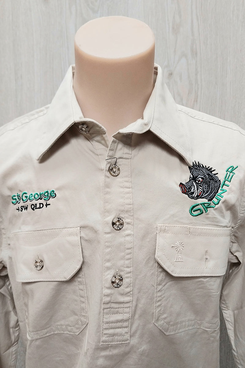 Pilbara Tourist Shirt (Kids) RM400CF - Closed Front Long Sleeve Shirt (Stone | Green Grunter) - St George