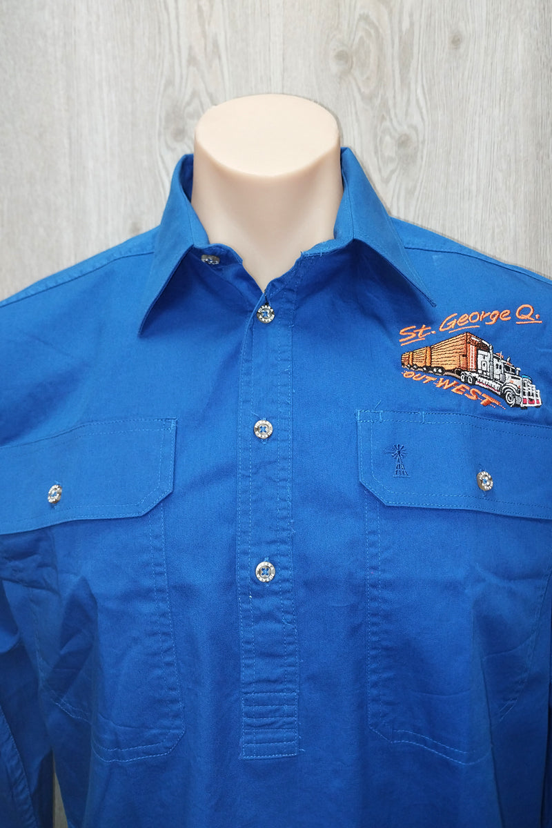 Pilbara Tourist Shirt (Mens) RM200CF - Closed Front Long Sleeve Shirt (Cobalt-Blue | Out West Road Train) - St Goerge