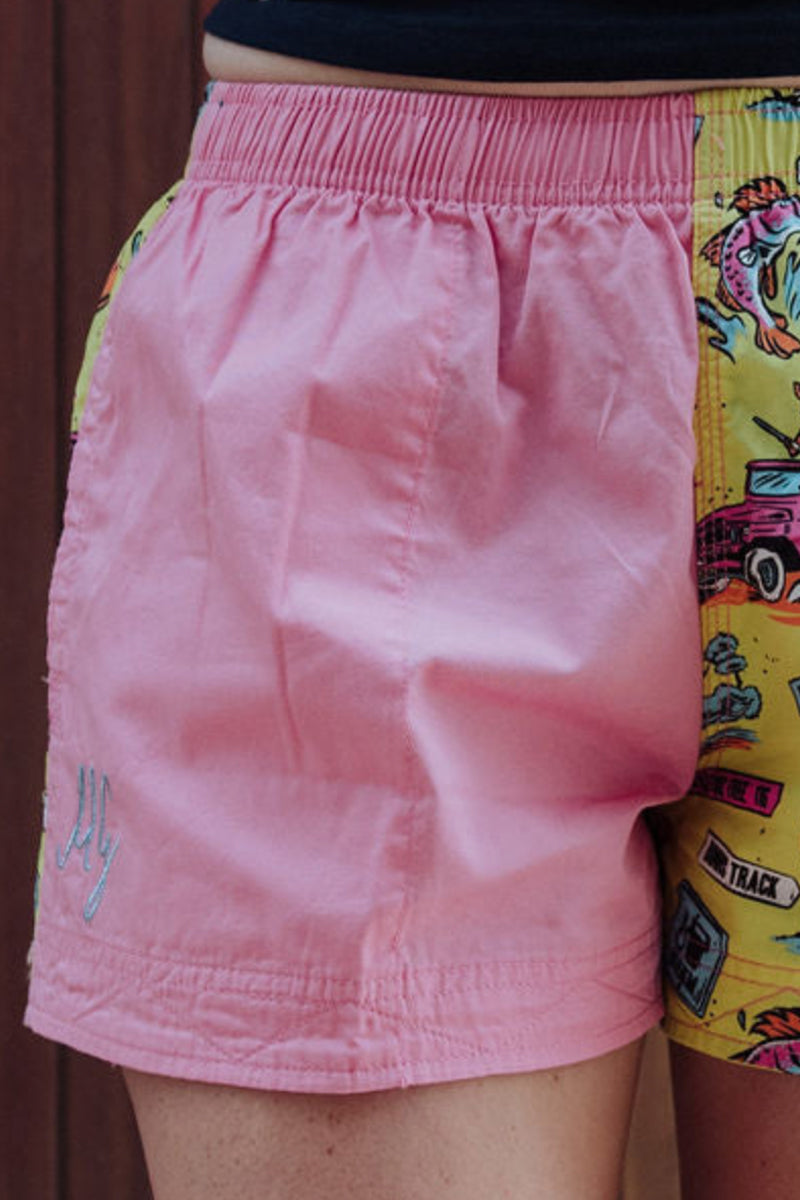 MaryG - Happy Days (Womens) Old School Harlequin Shorts (Blush | Yellow Happy Days Print)