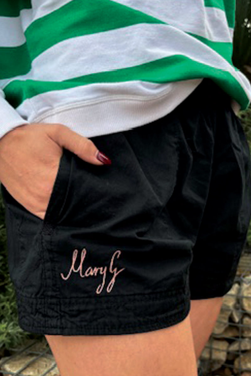 MaryG (Womens) Old School Shorts (Black - Rose Gold Matalic Embroidery)