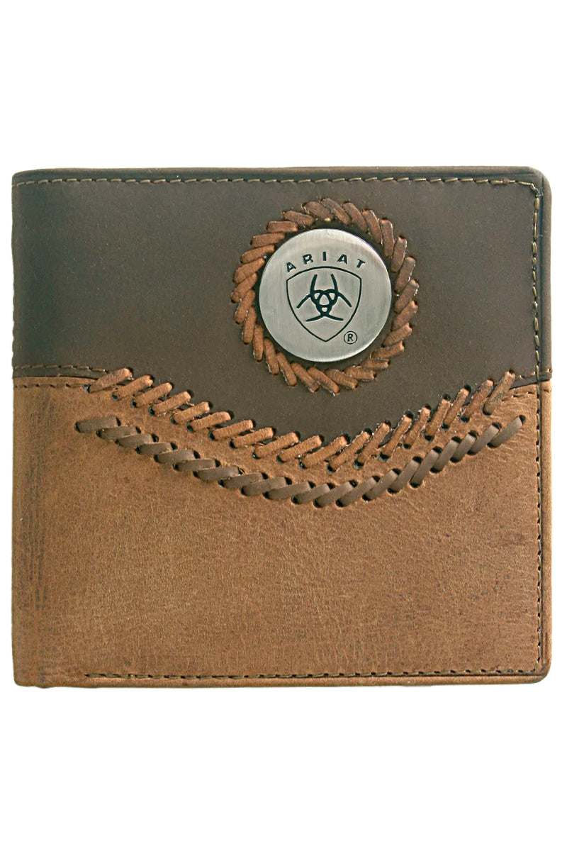 ARIAT Portafoglio Uomo Bi-Fold – Vera Pelle Effetto Coccodrillo Con Goffratura Floreale – Marrone